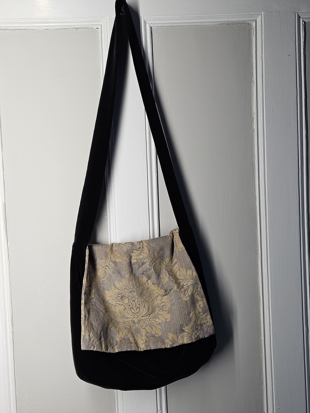 Black Velvet Crossbody Bag with Gold Brocade Front